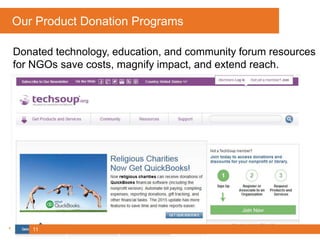 Our Product Donation Programs
Donated technology, education, and community forum resources
for NGOs save costs, magnify impact, and extend reach.
11
 