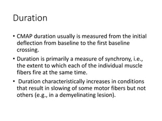 Duration
• CMAP duration usually is measured from the initial
deflection from baseline to the first baseline
crossing.
• Duration is primarily a measure of synchrony, i.e.,
the extent to which each of the individual muscle
fibers fire at the same time.
• Duration characteristically increases in conditions
that result in slowing of some motor fibers but not
others (e.g., in a demyelinating lesion).
 