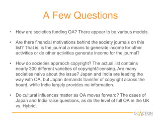 Fields RepresentedFULL OA JOURNALSTM		428	83%Social Sciences	51Humanities	33Multi-Disc	9Arts		6HYBRID OA JOURNALSSTM		74	97%Social Sciences	2Humanities	0Multi-Disc	0Arts		0