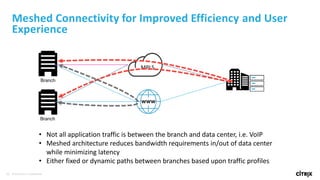 21 © 2016 Citrix | Confidential
Meshed Connectivity for Improved Efficiency and User
Experience
MPLS
Branch
Branch
• Not all application traffic is between the branch and data center, i.e. VoIP
• Meshed architecture reduces bandwidth requirements in/out of data center
while minimizing latency
• Either fixed or dynamic paths between branches based upon traffic profiles
 