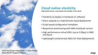 37 © 2016 Citrix | Confidential
• Flexibility to deploy in hardware or software
• Share capacity in a hybrid/multi cloud deployment
• Script based configuration templates
• Responsive provisioning with AWS AutoScale service
• High performance virtual ADCs (up to 3 Gbps) in AWS
and Azure
• Lightweight containerized ADCs for PaaS deployments
Cloud native elasticity
High performance, automated and scalable in the cloud
Hybrid SSL  RSA/ECDHE Support
High Performance SSL Platforms
AWS AutoScale Integration  1-Click Config
Multi-NIC/IP Support in Azure
 
