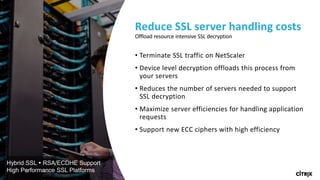 39 © 2016 Citrix | Confidential
• Terminate SSL traffic on NetScaler
• Device level decryption offloads this process from
your servers
• Reduces the number of servers needed to support
SSL decryption
• Maximize server efficiencies for handling application
requests
• Support new ECC ciphers with high efficiency
Reduce SSL server handling costs
Offload resource intensive SSL decryption
Hybrid SSL  RSA/ECDHE Support
High Performance SSL Platforms
 