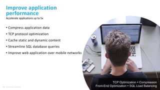 40 © 2016 Citrix | Confidential
• Compress application data
• TCP protocol optimization
• Cache static and dynamic content
• Streamline SQL database queries
• Improve web application over mobile networks
Improve application
performance
Accelerate applications up to 5x
TCP Optimization  Compression
Front-End Optimization  SQL Load Balancing
 