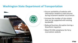 41 © 2016 Citrix | Confidential
• Ensure availability of website with
information related to road closures
during inclement weather occurrences
• Increase the number of site visitors
that can be supported with existing
bandwidth
• Reduced business disruption during a
SharePoint migration
• Meet PCI DSS compliance for ferry
reservations website
Washington State Department of Transportation
“Our public website just doesn’t go down anymore—it’s
as simple as that.”
Aaron Hutchinson, Web Master
 