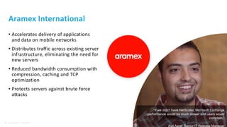 42 © 2016 Citrix | Confidential
• Accelerates delivery of applications
and data on mobile networks
• Distributes traffic across existing server
infrastructure, eliminating the need for
new servers
• Reduced bandwidth consumption with
compression, caching and TCP
optimization
• Protects servers against brute force
attacks
Aramex International
“If we didn’t have NetScaler, Microsoft Exchange
performance would be much slower and users would
complain.”
 