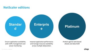 53 © 2016 Citrix | Confidential
Platinum
Enterpris
e
Standar
d
Ensure application availability
with traffic management and
server monitoring
Improve application performance
and manage resource availability
across multiple datacenters
Protect against web-based
attacks and data theft
NetScaler editions
 