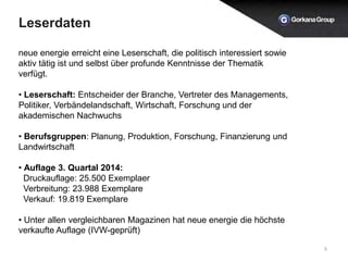 Leserdaten
5
neue energie erreicht eine Leserschaft, die politisch interessiert sowie
aktiv tätig ist und selbst über profunde Kenntnisse der Thematik
verfügt.
• Leserschaft: Entscheider der Branche, Vertreter des Managements,
Politiker, Verbändelandschaft, Wirtschaft, Forschung und der
akademischen Nachwuchs
• Berufsgruppen: Planung, Produktion, Forschung, Finanzierung und
Landwirtschaft
• Auflage 3. Quartal 2014:
Druckauflage: 25.500 Exemplaer
Verbreitung: 23.988 Exemplare
Verkauf: 19.819 Exemplare
• Unter allen vergleichbaren Magazinen hat neue energie die höchste
verkaufte Auflage (IVW-geprüft)
 