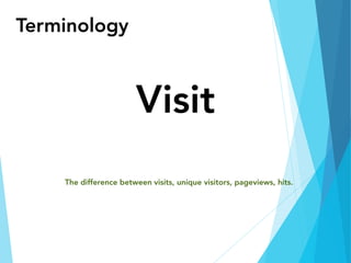 Terminology
Visit
The difference between visits, unique visitors, pageviews, hits.
 