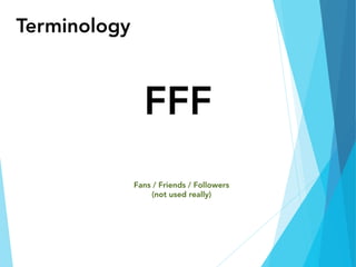 Terminology
FFF
Fans / Friends / Followers
(not used really)
 