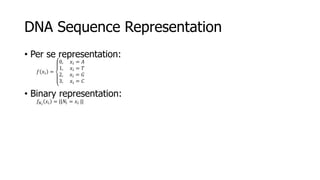 DNA Sequence Representation
• Per se representation:
𝑓 𝑥𝑖 =
0, 𝑥𝑖 = 𝐴
1, 𝑥𝑖 = 𝑇
2, 𝑥𝑖 = 𝐺
3, 𝑥𝑖 = 𝐶
• Binary representation:
𝑓𝑁 𝑖
𝑥𝑖 = ||𝑁𝑖 = 𝑥𝑖 ||
 