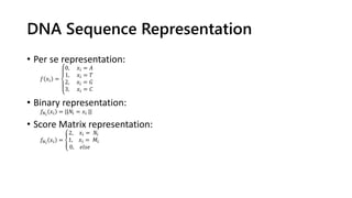 DNA Sequence Representation
• Per se representation:
𝑓 𝑥𝑖 =
0, 𝑥𝑖 = 𝐴
1, 𝑥𝑖 = 𝑇
2, 𝑥𝑖 = 𝐺
3, 𝑥𝑖 = 𝐶
• Binary representation:
𝑓𝑁 𝑖
𝑥𝑖 = ||𝑁𝑖 = 𝑥𝑖 ||
• Score Matrix representation:
𝑓𝑁 𝑖
𝑥𝑖 =
2, 𝑥𝑖 = 𝑁𝑖
1, 𝑥𝑖 = 𝑀𝑖
0, 𝑒𝑙𝑠𝑒
 