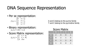 DNA Sequence Representation
• Per se representation:
𝑓 𝑥𝑖 =
0, 𝑥𝑖 = 𝐴
1, 𝑥𝑖 = 𝑇
2, 𝑥𝑖 = 𝐺
3, 𝑥𝑖 = 𝐶
• Binary representation:
𝑓𝑁 𝑖
𝑥𝑖 = ||𝑁𝑖 = 𝑥𝑖 ||
• Score Matrix representation:
𝑓𝑁 𝑖
𝑥𝑖 =
2, 𝑥𝑖 = 𝑁𝑖
1, 𝑥𝑖 = 𝑀𝑖
0, 𝑒𝑙𝑠𝑒
A T C G
A 2 0 0 1
T 0 2 1 0
C 0 1 2 0
G 1 0 0 2
Score Matrix
A and G belong to the purine family
T and C belong to the pyrimidine family
 