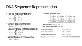DNA Sequence Representation
• Per se representation:
𝑓 𝑥𝑖 =
0, 𝑥𝑖 = 𝐴
1, 𝑥𝑖 = 𝑇
2, 𝑥𝑖 = 𝐺
3, 𝑥𝑖 = 𝐶
• Binary representation:
𝑓𝑁 𝑖
𝑥𝑖 = ||𝑁𝑖 = 𝑥𝑖 ||
• Score Matrix representation:
𝑓𝑁 𝑖
𝑥𝑖 =
2, 𝑥𝑖 = 𝑁𝑖
1, 𝑥𝑖 = 𝑀𝑖
0, 𝑒𝑙𝑠𝑒
• Weighted representation:
𝑓 𝑥𝑖 = 𝑝(𝑥𝑖|𝑖)
Examples, given the PPM
the consensus TAGGTAAGT
and the sequence ATGGTCGTT:
A 0.3 0.6 0.1 0.0 0.0 0.6 0.7 0.2 0.1
C 0.2 0.2 0.1 0.0 0.0 0.2 0.1 0.1 0.2
G 0.1 0.1 0.7 1.0 0.0 0.1 0.1 0.5 0.1
T 0.4 0.1 0.1 0.0 1.0 0.1 0.1 0.2 0.6
Per se representation 0 1 2 2 1 3 2 1 1
Binary representation 0 0 1 1 1 0 0 0 1
Score Matrix representation 0 0 2 2 2 0 1 0 0
Weighted representation 0.3 0.1 0.7 1.0 1.0 0.2 0.1 0.2 0.6
 
