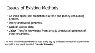 Issues of Existing Methods
• Ab initio splice site prediction is a time and money consuming
process.
• Poorly annotated genomes.
• Lack of labeled data.
• Idea: Transfer knowledge from already annotated genomes of
other organisms.
This kind of knowledge transfer is used every day by biologists during their experiments.
In machine learning it is called transfer learning.
 