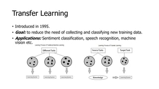 Transfer Learning
• Introduced in 1995.
• Goal: to reduce the need of collecting and classifying new training data.
• Applications: Sentiment classification, speech recognition, machine
vision etc.
 