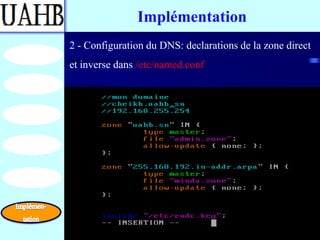 Implémentation
2 - Configuration du DNS: declarations de la zone direct
et inverse dans /etc/named.conf
 