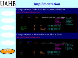 Implémentation
Configuration du fichier zone directe: on édite le fichier
/etc/var/named/admin.zone




Configuration de la zone indirecte: on édite le fichier
/etc/var/named/minda.zone
 