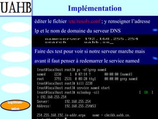 Implémentation
éditer le fichier /etc/resolv.conf ; y renseigner l’adresse
Ip et le nom de domaine du serveur DNS


Faire des test pour voir si notre serveur marche mais
avant il faut penser à redemarrer le service named
 
