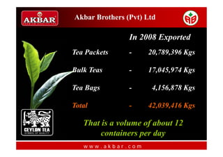 Akbar Brothers (Pvt) Ltd

                In 2008 Exported
Tea Packets     -    20,789,396 Kgs

Bulk Teas       -    17,045,974 Kgs

Tea Bags        -     4,156,878 Kgs

Total           -    42,039,416 Kgs

   That is a volume of about 12
        containers per day
   www.akbar.com
 