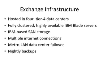 Exchange Infrastructure Hosted in four, tier-4 data centers Fully clustered, highly available IBM Blade servers IBM-based SAN storage Multiple internet connections Metro-LAN data center failover Nightly backups 