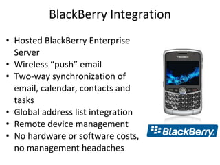 BlackBerry Integration Hosted BlackBerry Enterprise Server Wireless “push” email Two-way synchronization of email, calendar, contacts and tasks Global address list integration Remote device management No hardware or software costs, no management headaches 