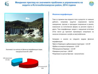Физични модификации
Това са промени във водните тела в резултат от човешка
дейност, например защитни съоръжения против
наводнения, прагове и преградни съоръжения в реките,
изменение на естествената форма на речните корита и
други. Тези модификации заедно с нарушения естествен
отток могат да причинят прекомерно натрупване на
наносни отложения и загуба на местообитания.
Направен е анализ на следните видове физични
модификации:
•Диги и Корекции в урбанизирани територии – 115 ВТ
•Добив на инертни материали – 52 ВТ
•Миграционни бариери – 113 ВТ
•Завирени участъци – 109 ВТ
•Укрепване на речни брегове - незначителен
Значимост на натиска от физични модификации върху
повърхностните ВТ в ИБР
197 засегнати ВТ;
64%
108 незасегнати
ВТ; 36%
Междинен преглед на значимите проблеми в управлението на
водите в Източнобеломорски район, 2014 година
 