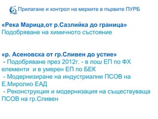 Прилагане и контрол на мерките в първите ПУРБ
«Река Марица,от р.Сазлийка до граница»
Подобряване на химичното състояние
«р. Асеновска от гр.Сливен до устие»
- Подобряване през 2012г. - в лош ЕП по ФХ
елементи и в умерен ЕП по БЕК
- Модернизиране на индустриални ПСОВ на
Е.Миролио ЕАД
- Реконструкция и модернизация на съществуваща
ПСОВ на гр.Сливен
 