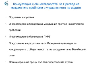 Консултация с обществеността за Преглед на
междинните проблеми в управлението на водите
• Подготвен въпросник
• Информационна брошура за междинния преглед на значимите
проблеми
• Информационна брошура за ПУРБ
• Представяне на резултатите от Междинния преглед и от
консултацията с обществеността на заседанията на Басейновия
съвет
• Организиране на срещи със заинтересованите страни
 