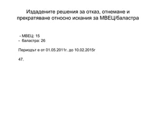 Издадените решения за отказ, отнемане и
прекратяване относно искания за МВЕЦ/баластра
- МВЕЦ: 15
- баластра: 26
Периодът е от 01.05.2011г. до 10.02.2015г
47.
 