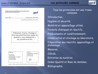 Les protocoles communs
16
Tous les protocoles ont une trame
commune
Introduction,
Hygiène et sécurité,
Matériel et appareillage utilisé,
Produits chimiques et réactifs,
Prélèvements et conditionnement,
Conservation et stockage au laboratoire,
Préparation des réactifs, appareillage et
étalonnage,
Mesures,
Calculs,
Entretien du matériel,
Codes Qualité et Base de données,
Bibliographie.
Atelier HF RESOMAR – Octobre 2015
 
