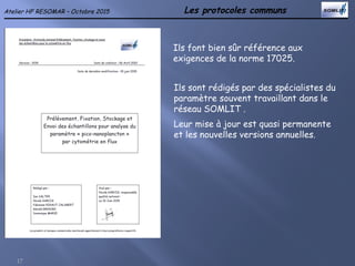 Les protocoles communs
17
Atelier HF RESOMAR – Octobre 2015
Ils font bien sûr référence aux
exigences de la norme 17025.
Ils sont rédigés par des spécialistes du
paramètre souvent travaillant dans le
réseau SOMLIT .
Leur mise à jour est quasi permanente
et les nouvelles versions annuelles.
 