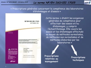 Atelier HF RESOMAR – Octobre 2015
8
La norme NF/EN ISO/CEI 17025
« Prescriptions générales concernant la compétence des laboratoires
d’étalonnages et d’essais »
Cette norme « établit les exigences
générales de compétence pour
effectuer des essais et/ou
étalonnages, y compris
l’échantillonnage. Elle couvre les
essais et les étalonnages effectués
au moyen de méthodes normalisées,
de méthodes non normalisées et de
méthodes élaborées par les
laboratoires »
Prescriptions
relatives au
management
Prescriptions
techniques
 