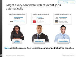 2.         Targeting

 Target every candidate with relevant jobs
 automatically
         JOBS YOU MAY BE INTERESTED IN              JOBS YOU MAY BE INTERESTED IN   JOBS YOU MAY BE INTERESTED IN


                     Software Developer                     HR Director                     Finance Manager
                     YOUR COMPANY                             YOUR COMPANY                     YOUR COMPANY


                     Sr. Software Developer                 Sr. HR Director                 Financial Analyst
                     Amazon                                 AirTel Nigeria                  First City Monument Bank




                        Helen                                Olu                                Bryan
                      Software                          Director of HR                     Finance Analyst
                      Developer



Moreapplications come from LinkedIn recommended jobs than searches


 ©2013 LinkedIn Corporation. All Rights Reserved.
                                                                                                   TALENT SOLUTIONS 10
 