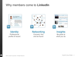Why members come to LinkedIn




           Identity                                Networking       Insights
        Professional                                Connect, find   Be great at
       profile of record                            and be found    what you do




©2013 LinkedIn Corporation. All Rights Reserved.
                                                                          TALENT SOLUTIONS   5
 