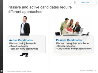 1.    Talent Pool


Passive and active candidates require
different approaches




   Active Candidates                               Passive Candidates
   Work on their job search                        Work on doing their jobs better
   - Search job boards                             - Develop networks
   - Seek out many opportunities                   - Only listen to the right opportunities




©2013 LinkedIn Corporation. All Rights Reserved.
                                                                             TALENT SOLUTIONS   9
 