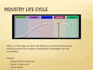 INDUSTRY LIFE CYCLE
 Nike is in the stage at which the efficiency of dominant business
model provides the company competitive advantage over the
competition
 Factors
 Strong Product Awareness
 Barrier of New entry
 Share market 11
 
