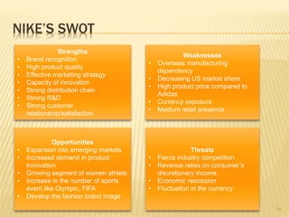 NIKE’S SWOT
Strengths
• Brand recognition
• High product quality
• Effective marketing strategy
• Capacity of innovation
• Strong distribution chain
• Strong R&D
• Strong customer
relationship/satisfaction
Threats
• Fierce industry competition
• Revenue relies on consumer’s
discretionary income
• Economic rescission
• Fluctuation in the currency
Opportunities
• Expansion into emerging markets
• Increased demand in product
innovation
• Growing segment of women athlets
• Increase in the number of sports
event like Olympic, FIFA
• Develop the fashion brand image
Weaknesses
• Overseas manufacturing
dependency
• Decreasing US market share
• High product price compared to
Adidas
• Currency exposure
• Medium retail presence
16
 