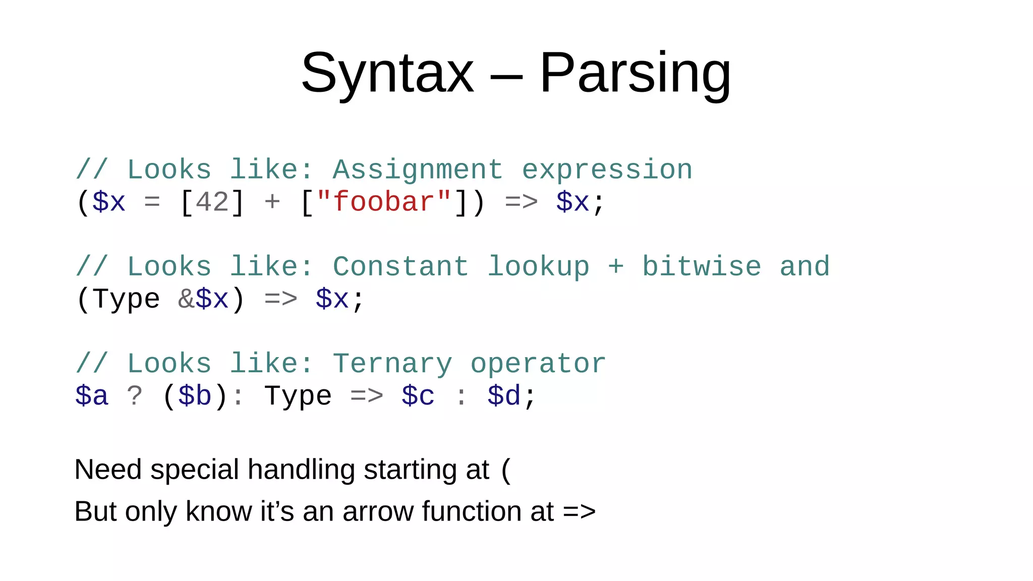 Syntax – Parsing
// Looks like: Assignment expression
($x = [42] + ["foobar"]) => $x;
// Looks like: Constant lookup + bitwise and
(Type &$x) => $x;
// Looks like: Ternary operator
$a ? ($b): Type => $c : $d;
Need special handling starting at (
But only know it’s an arrow function at =>
 