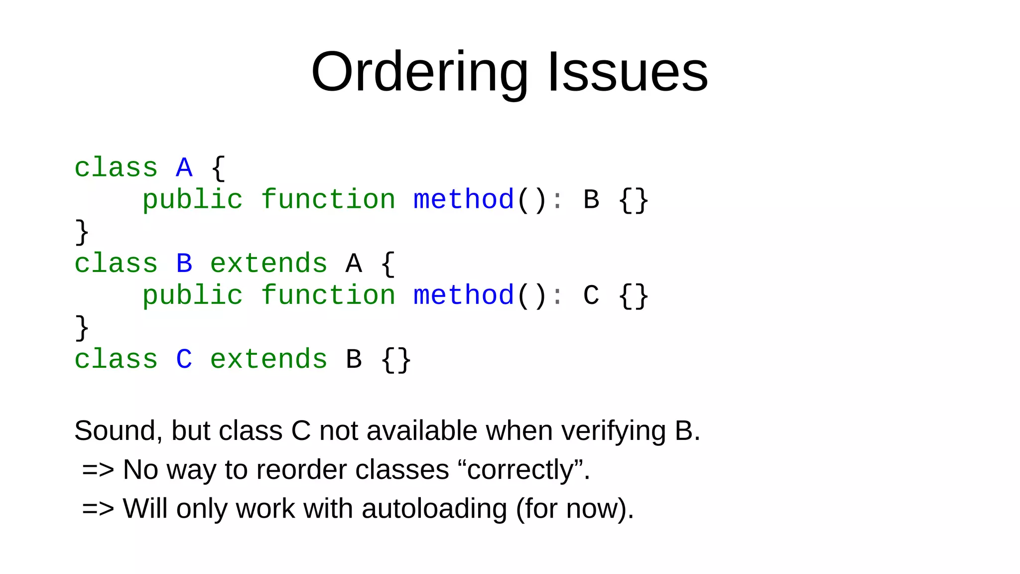 Ordering Issues
class A {
public function method(): B {}
}
class B extends A {
public function method(): C {}
}
class C extends B {}
Sound, but class C not available when verifying B.
=> No way to reorder classes “correctly”.
=> Will only work with autoloading (for now).
 