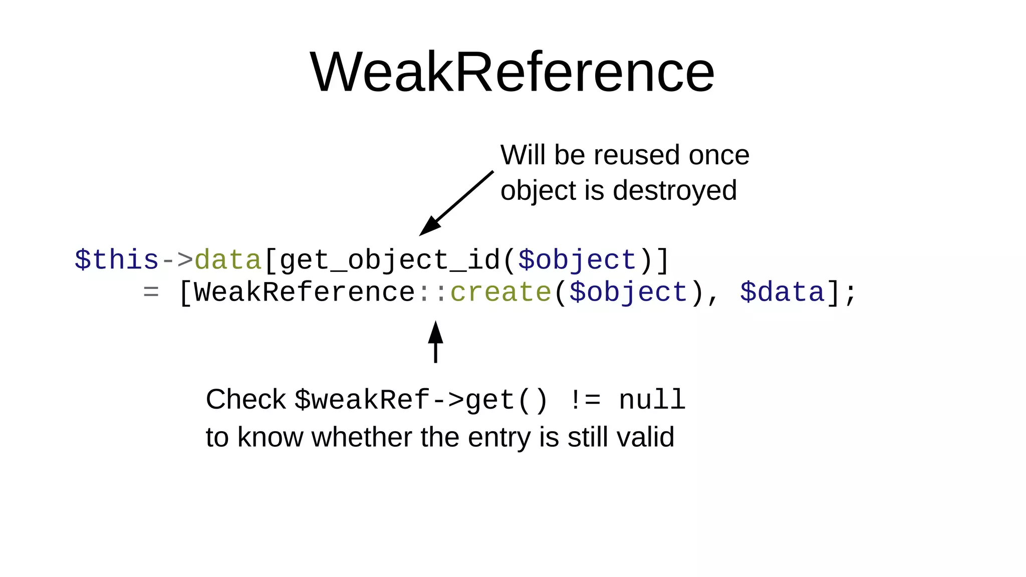 WeakReference
$this->data[get_object_id($object)]
= [WeakReference::create($object), $data];
Will be reused once
object is destroyed
Check $weakRef->get() != null
to know whether the entry is still valid
 
