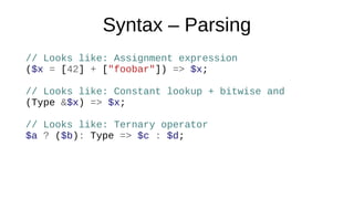 Syntax – Parsing
// Looks like: Assignment expression
($x = [42] + ["foobar"]) => $x;
// Looks like: Constant lookup + bit...
