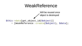 WeakReference
$this->data[get_object_id($object)]
= [WeakReference::create($object), $data];
Will be reused once
object is destroyed
 