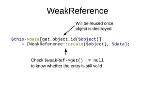 WeakReference
$this->data[get_object_id($object)]
= [WeakReference::create($object), $data];
Will be reused once
object is destroyed
Check $weakRef->get() != null
to know whether the entry is still valid
 