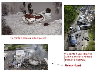 15 points if within a mile of a river
10 points if your library is
within a mile of a railroad
track or a highway.
Unintentional
 