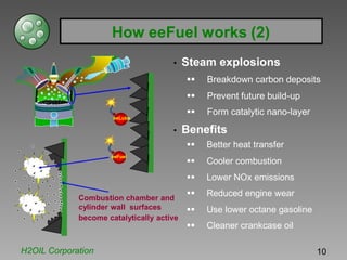 How eeFuel works (2)
• Steam explosions
Breakdown carbon deposits
Prevent future build-up
Form catalytic nano-layer
eeLube
• Benefits
Better heat transfer
eeFuel
Combustion chamber and
cylinder wall surfaces
become catalytically active
Cooler combustion
Lower NOx emissions
Reduced engine wear
Use lower octane gasoline
Cleaner crankcase oil
H2OIL Corporation 10