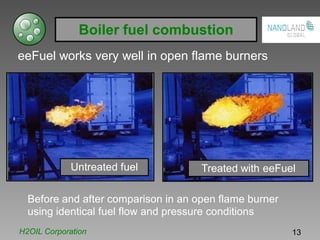 Boiler fuel combustion
eeFuel works very well in open flame burners
Untreated fuel Treated with eeFuel
Before and after comparison in an open flame burner
using identical fuel flow and pressure conditions
H2OIL Corporation 13