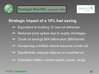 Strategic Benefits (example USA)
Strategic impact of a 10% fuel saving
Equivalent to building 12 new oil refineries
Reduced price spikes due to supply shortages
Crude oil savings $64 billion/year ($80/barrel)
Conserving a limited natural resource (crude oil)
Significantly reduced reliance on imported oil
Extended military vehicle speed, power, range
H2OIL Corporation 22