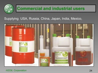 Commercial and industrial users
Supplying USA, Russia, China, Japan, India, Mexico,
H2OIL Corporation 24