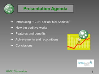 Presentation Agenda
Introducing “F2-21 eeFuel fuel Additive”
How the additive works
Features and benefits
Achievements and recognitions
Conclusions
H2OIL Corporation 3