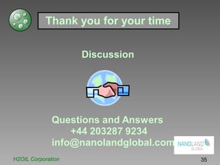 Thank you for your time
Discussion
Questions and Answers
+44 203287 9234
info@nanolandglobal.com
H2OIL Corporation 35